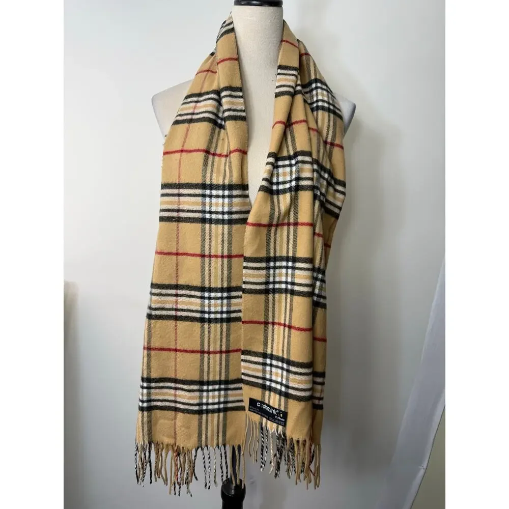 Cashmink by V. Fraas Plaid Scarf Camel Nova Check Fringe Made in Germany